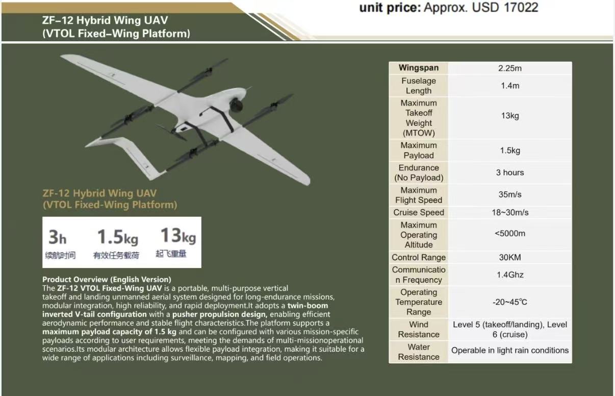 ZF-12 Hybrid Wing UAV (VTOL Fixed-Wing Platform)