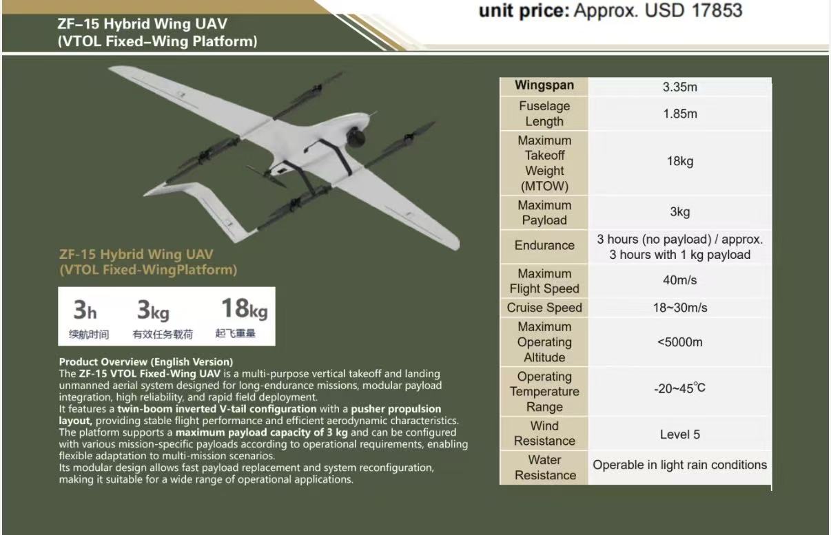 ZF-15 Hybrid Wing UAV (VTOL Fixed-Wing Platform)