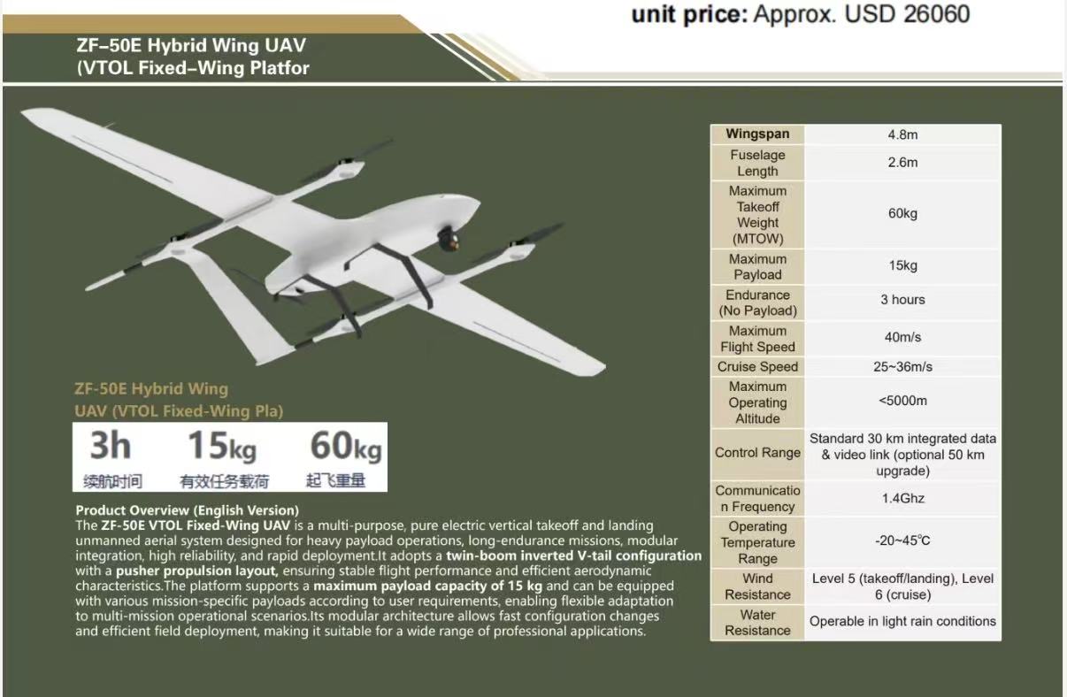 ZF-50E Hybrid Wing UAV (VTOL Fixed-Wing Platfor