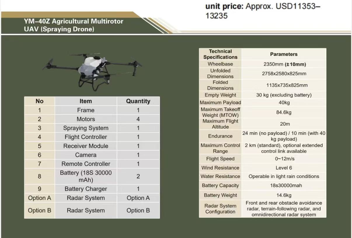 YM-40Z Agricultural Multirotor UAV (Spraying Drone)
