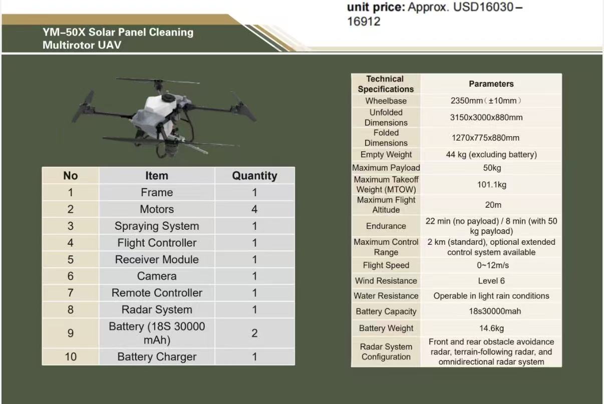 YM-50X Solar Panel Cleaning Multirotor UAV